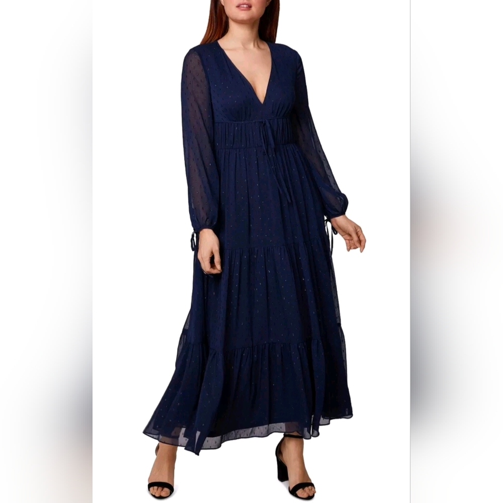 Sage The Collective Navy Blue Clip Dot Long Sleeve Maxi Shift Dress (New!)